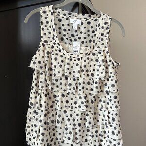 LOFT Sleeveless Tiered Top - Ivory White with Ink Blue Dots - Size SP
